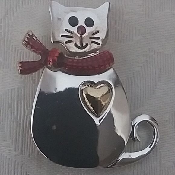Cat Pin Red Scarf and Silver+Gold Tone Brooch/Scarf Pin w/ Heart - Picture 6 of 8